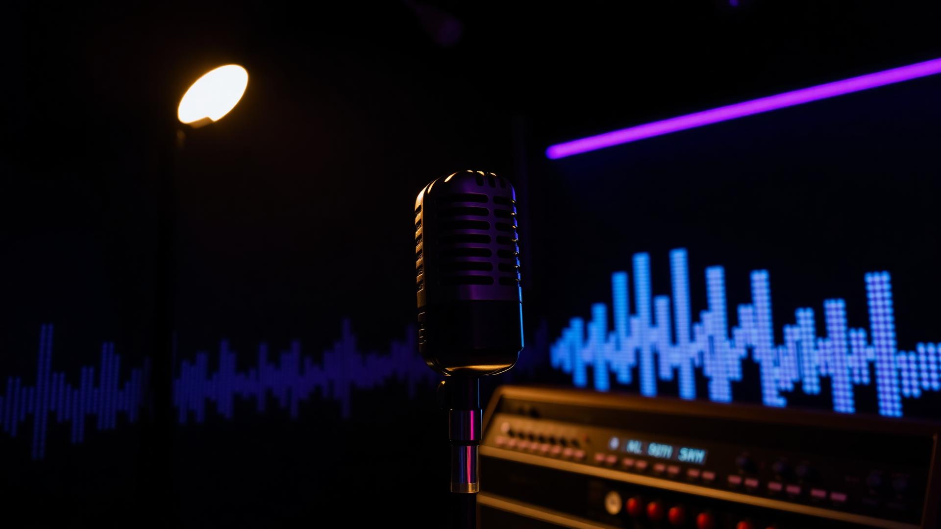 Radio studio microphone with sound waves